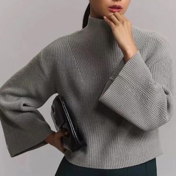 ANTHROPOLOGIE x MAEVE Katey Mock Neck Bell Sleeve Sweater Gray Sz M $118 {Y29} - Picture 1 of 7